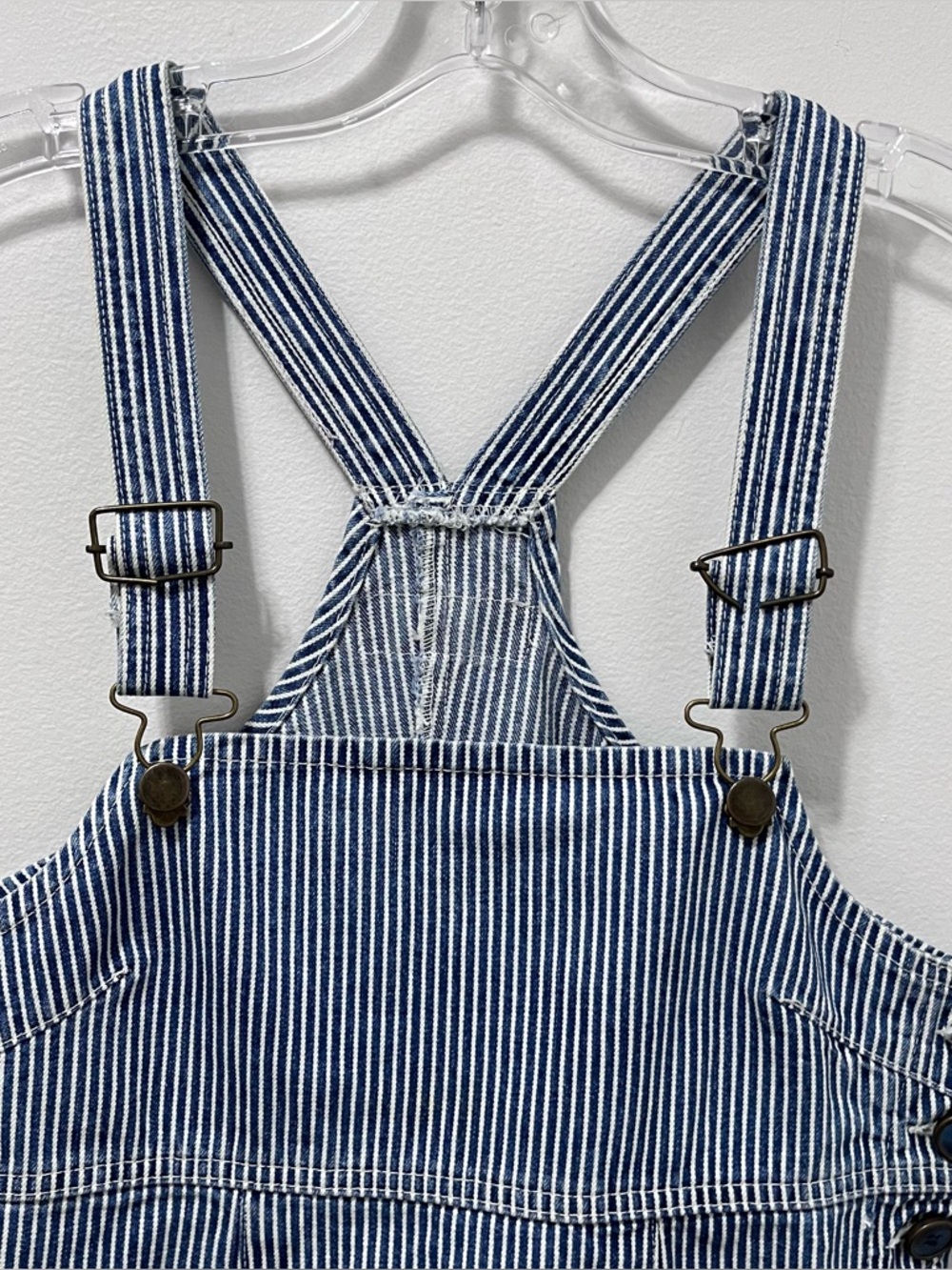 Vintage 90s MANGO Railroad Stripe Denim Pinafore Dress - Made in Canada - Size 7 - Picture 2 of 13